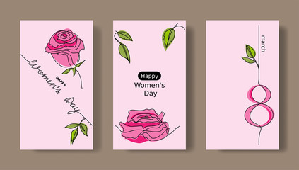 Wall Mural - women's day set of greeting cards. social media, stories templates with roses. march 8 card set.