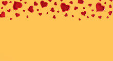 Valentines Day Yellow Background With Red Hearts On Top. Valentines Day Concept. Top View. Romantic Background Concept. Valentines Day Mockup, Template