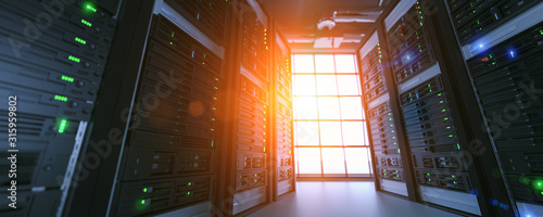 Fotografía Server units in cloud service data center showing flickering light indicators for massive data connection bandwidth, close up shot