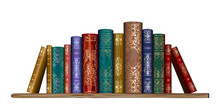 Books On The Shelf. Wall Sticker. Artistic, Hand-drawn Image Of Colorful Old Books Standing On A Shelf On A White Background.