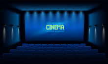 Empty Movie Theatre. Dark Cinema Hall With With Blue Screen. Modern Movies Theater For Festivals And Films Presentation. Interior Design. Online Cinema Concept. Vector Illustration.