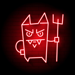 Wall Mural - Cartoon Devil. Vector Illustration On A Brick Background Of A Neon Icon.