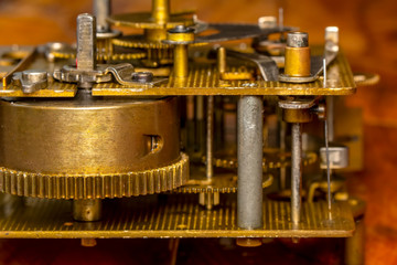 Vintage watch machine macro detail. Close up of old clock.