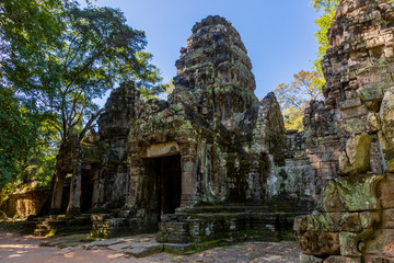 Mystical and famous ruins of Anchor Wat in Cambodia with no people in summer