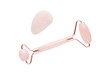 © nadisja - rose quartz facial roller and massage stone gua sha isolated on white background, flat lay
