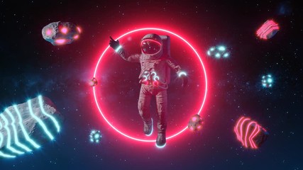 Wall Mural - Astronaut With Neon Lights Asteroids In Space. Space Background. Retro Dance Party. Seamless Loop