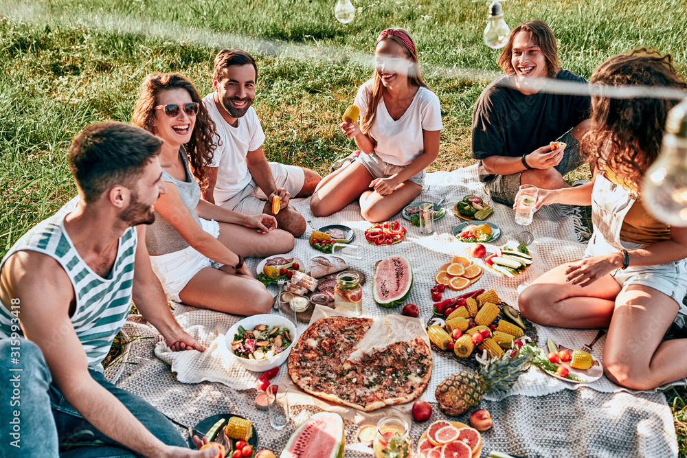 Group of friends having picnic in a park on a sunny day - obrazy, fototapety, plakaty 
