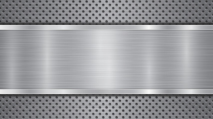 Wall Mural - Background in gray colors, consisting of a metallic perforated surface with holes and a polished plate with metal texture, glares and shiny edges