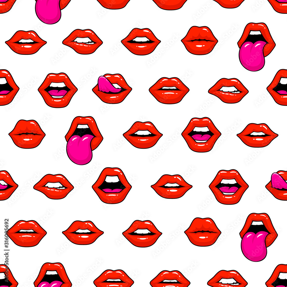 Red lips, a collection of different shapes, texture background. - obrazy, fototapety, plakaty 