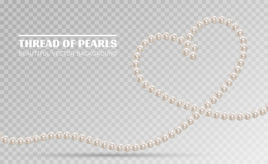 Shiny oyster pearls for luxury accessories. Pearl necklace thread of pearls. Realistic white pearls isolated on background. Beautiful natural heart shaped jewelry. Chains of pearls forming an ornament