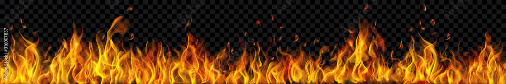 Banner of translucent fire flames and sparks with horizontal repetition on transparent background. For used on dark illustrations. Transparency only in vector format - obrazy, fototapety, plakaty 