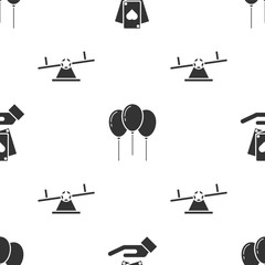 Wall Mural - Set Hand holding playing cards, Balloons with ribbon and Seesaw on seamless pattern. Vector