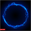 Realistic magic circle of thunder storm blue lightnings. Magic and bright lighting effects. On dark blue background. Layered vector.