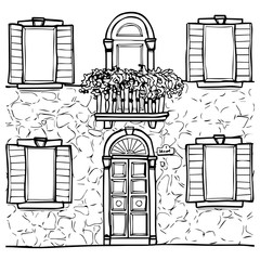 Hand drawn line art house fasade street with door balcony and windows