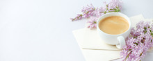 Minimal Elegant Composition With Coffee Cup And Lilac Branches, Envelope On White Background, Female Morning Breakfast, Woman Mother Day, Saint Valentine Day, Wedding