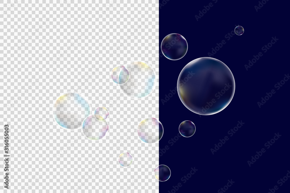 Realistic soap bubbles with rainbow reflection set isolated vector illustration - obrazy, fototapety, plakaty 
