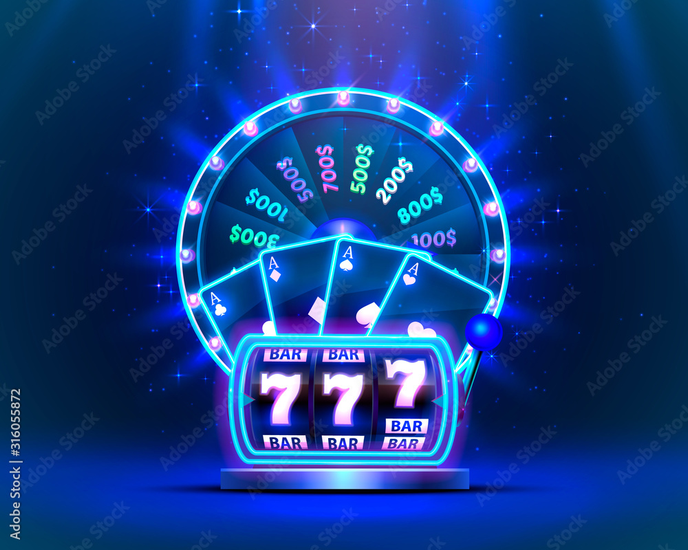 Casino neon colorful fortune wheel, Neon slot machine wins the jackpot.