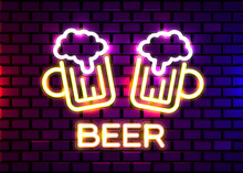 Retro Neon Beer Bar Sign On Brick Wall Background. Neon Design For Bar, Pub Or Restaurant Business. Craft Beer.