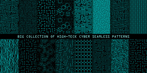 set of seamless cyber patterns. circuit board texture. collection of digital high tech style vector 