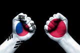 Fototapeta  - South Korea and Japan conflict, international relations crisis, flag on human hand background concept