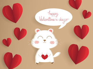 Wall Mural - Beautiful greeting card with paper cut art vector on brown background. Valentine concept design decor with white cute dog and paper red heart with text Happy Valentines day look so sweet and romantic.