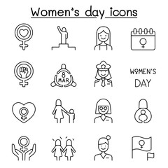 Poster - Female, woman, feminist, women’s day icons set in thin line style