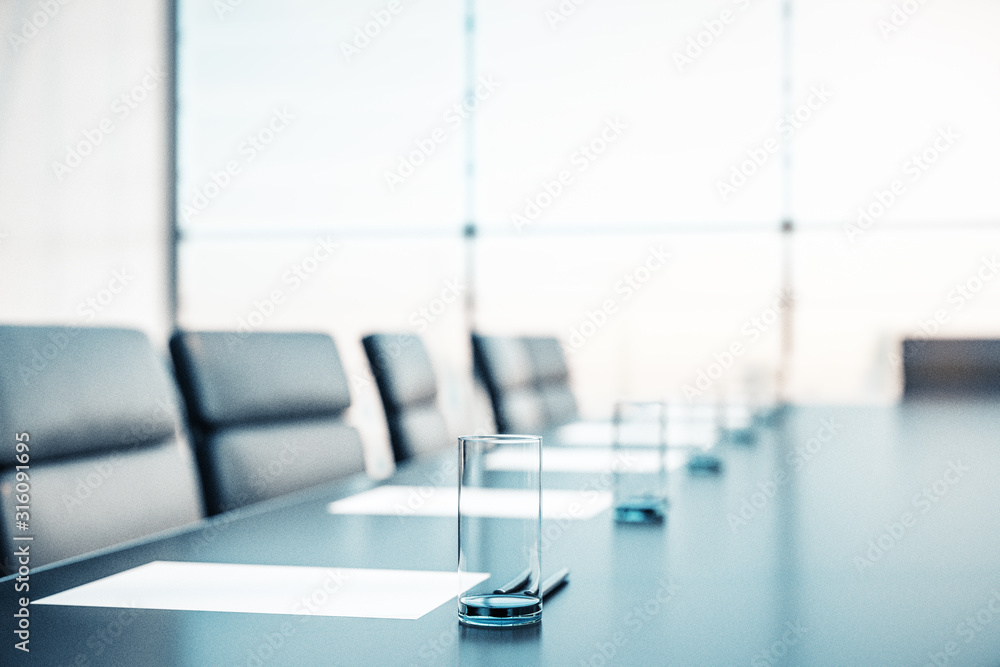 Close up of conference room with glasses of water on the table with papers, armchairs and a large window. 3D Rendering - obrazy, fototapety, plakaty 