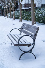 Wall Mural - lonely wooden bench on the road side covered by the overnight snow in the city