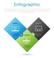 Sticker - Set line Online play video , Cinema auditorium with screen and seats and Online play video . Business infographic template. Vector