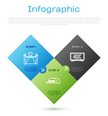 Sticker - Set line Carpet with barriers and star , Screen tv with 4k Ultra HD video technology and Cap with inscription director . Business infographic template. Vector