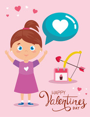 Wall Mural - happy valentines day card with cute girl and decoration