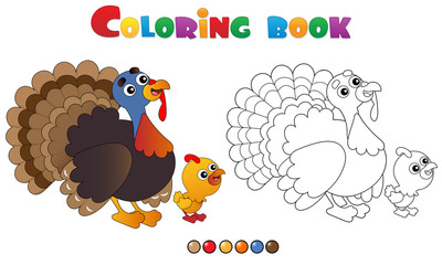 Canvas Print - Coloring Page Outline of cartoon turkey with nestling. Farm animals. Coloring book for kids.