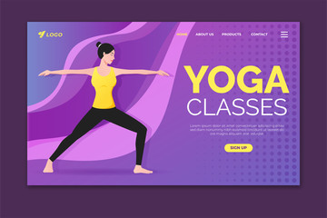 Wall Mural - Yoga classes landing page template. Woman doing warrior 2 pose. Web page design for website and mobile website