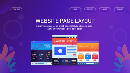 Concept of web design, website layout, web development and management, business technology. Web banner and landing page template with text.