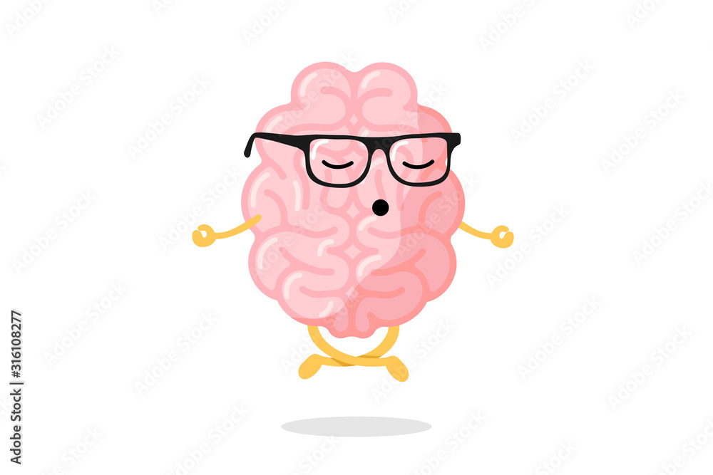 Cute cartoon smart human brain character with glasses relaxation ...