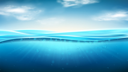 Sea landscape with realistic waves. Vector illustration. Realistic marine scene with underwater sunbeams. Banner with horizontal ocean water surface and clouds.