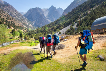 Wall Mural - a group of hikers depart from touristed base. summer hiking on mountains with friends.