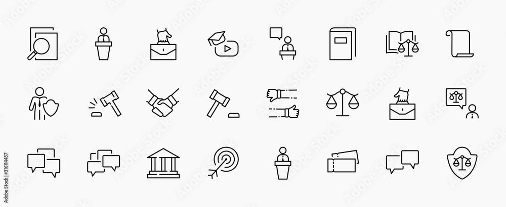 Set of Law and justice Vector Line Icons. Contains such Icons as weapon, arrest, authority, courthouse, gavel, legal, weapon and more. Editable stroke. 32x32 Pixels - obrazy, fototapety, plakaty 