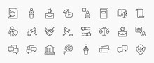 Set Of Law And Justice Vector Line Icons. Contains Such Icons As Weapon, Arrest, Authority, Courthouse, Gavel, Legal, Weapon And More. Editable Stroke. 32x32 Pixels