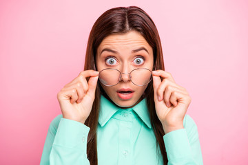 Sticker - Oh no. Closeup photo of charming lady not believe eyes taking off glasses got in big trouble wear specs teal shirt with collar isolated pink color background