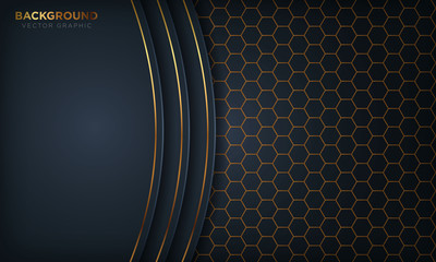 Luxury dark blue overlap dimension background with golden line on hexagon pattern. Vector illustration.