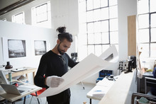 Male Photographer Examining Large Photograph Print In Art Studio