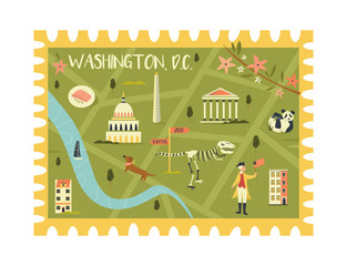 Wall Mural - Postal stamp with Washington city map and symbols