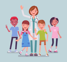 Female Pediatrician Doctor, Medical Practitioner For Children. Professional Physician, Special Training In Kids Care, To Diagnose And Treat Childhood Illnesses. Vector Flat Style Cartoon Illustration