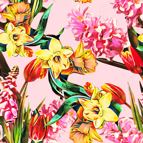Spring flowers seamless pattern with hyacinths.