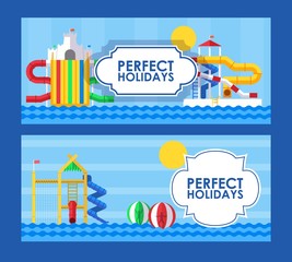 Wall Mural - Water park banner in flat style, vector illustration. Perfect summer holidays in aqua park, fun vacation for family with children. Water attractions ticket template