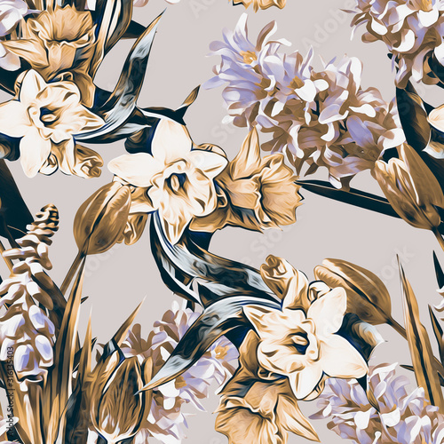 Spring flowers seamless pattern with hyacinths.