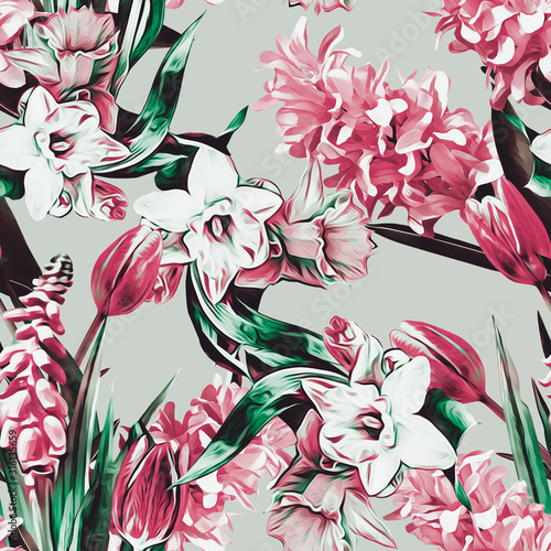 Spring flowers seamless pattern with hyacinths.