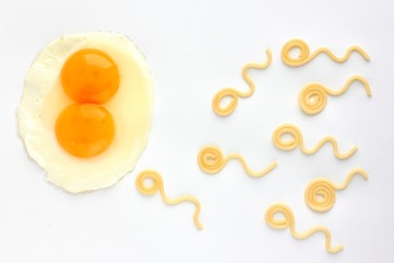 egg with two yolks and pasta look like sperm competition, spermatozoons lying on white background. c