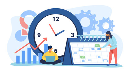 Wall Mural - timing and project scheduling. managers working near calendar with marks and clock flat vector illus